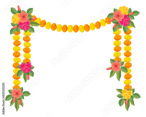 Traditional Indian floral garland with marigold flowers, roses, mango leaves. Decoration for Indian hindu holidays or wedding ceremony. Isolated on white. Vector illustration.