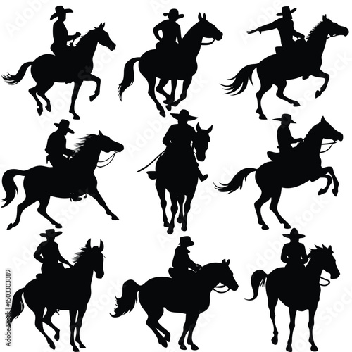 Silhouetted cowboy riders on horses in various poses depicting action and movement
