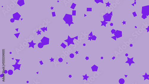 A Lavish Scattering of Vibrant Purple Geometric Shapes and Stars on a Soft Lilac Background, Creating a Playful and Energetic Visual Design.