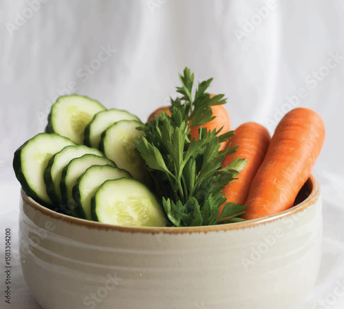 Fresh cucumbers and carrots in a bowl, ideal for healthy food, vegetarian, and lifestyle-themed designs.