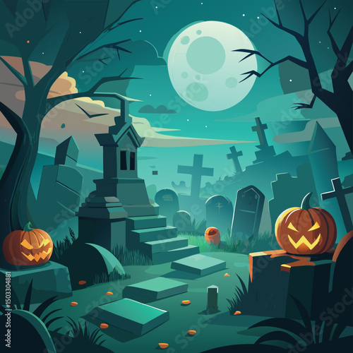 Spooky halloween night illustration featuring jack o lanterns in a creepy graveyard scene