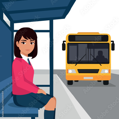 Woman sitting at bus stop waiting for yellow city bus vector illustration 
