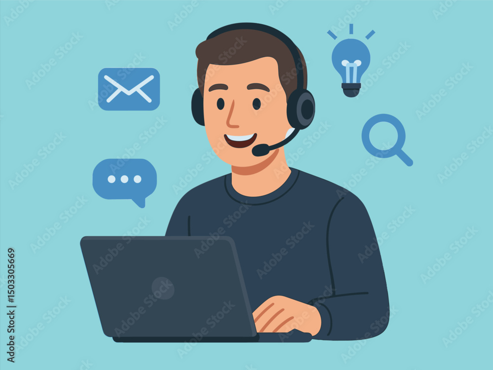 Vector Illustration of Male Customer Support with Laptop and Headset Vector Illustration of Male Customer Support with Laptop and Headset