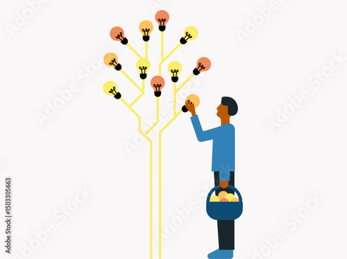Man watching a light bulb tree, creativity in business illustration
