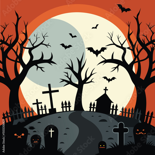 Spooky halloween scene with bats graveyard trees and a moon illustration vector artwork