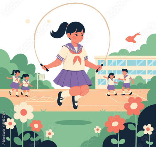 Schoolgirl skipping rope in playground with classmates and flowers outdoors vector illustration 