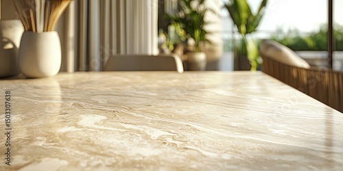 Beige marble table top, sunlit interior