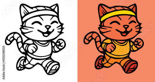 A cartoon cat is running in a pair of orange and white shorts. The cat is smiling and he is enjoying the activity