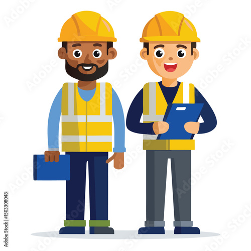 Two construction workers wearing safety gear holding blue clipboards ready for inspection