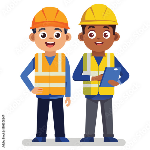 Two smiling construction workers wearing helmets and safety vests standing together