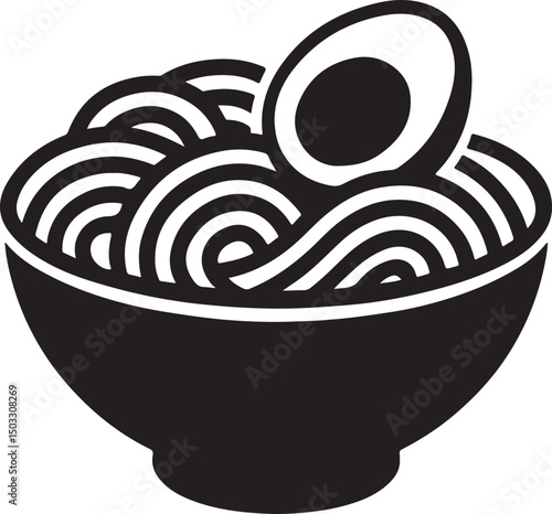 Noodle Bowl Silhouette with Boiled Egg Food Vector Illustration.