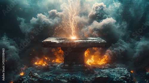 Stone altar with lightning strike surrounded by fire and stormy clouds in a dark environment