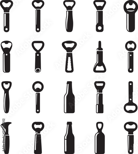 Black silhouette collection of bottle openers in various styles, ideal for beverage, kitchen, and bar-themed designs.