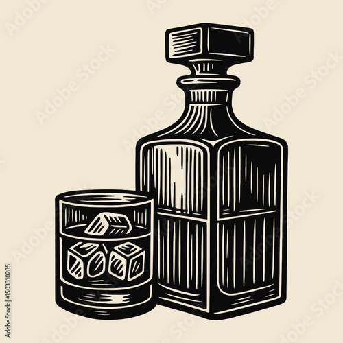 Whiskey decanter and glass engraving style vector illustration

