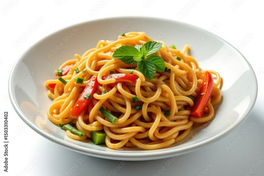 Stir-fried noodles with vegetables on white background, sesame, asia, garlic Stir-fried noodles with vegetables on white background, sesame, asia, garlic