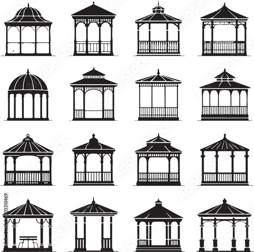 Black silhouettes of various gazebo designs, ideal for garden, architecture, and outdoor living projects.