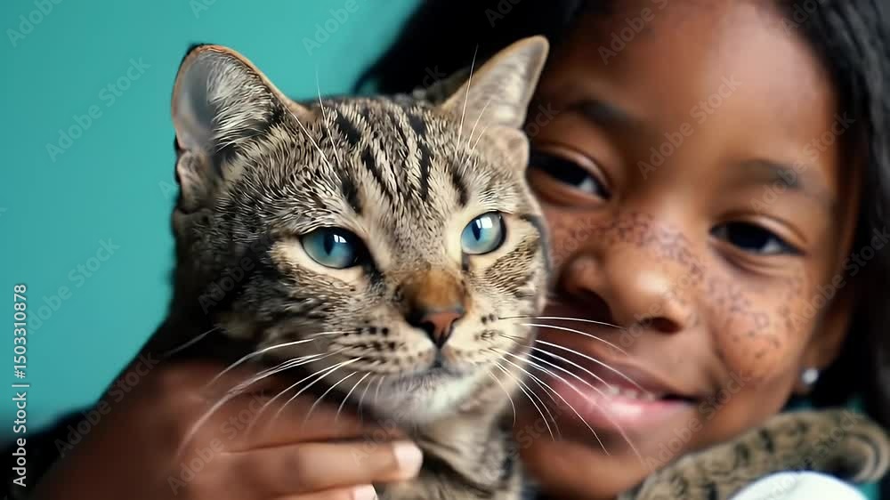 Smiling Girl Cradles Tabby Cat Affectionately in an Eye Level Studio Shot with Vibrant Teal Background Demonstrating Companionship Love and Care for Animals Smiling Girl Cradles Tabby Cat Affectionately in an Eye Level Studio Shot with Vibrant Teal Background Demonstrating Companionship Love and Care for Animals