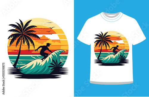 This vector illustration shows a summer tropical beach with palm trees under the sun, perfect for a travel or vacation design featuring the sea, sand, and sky