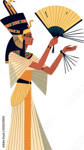 Ancient Egyptian queen holding fan in traditional royal attire vector illustration 
