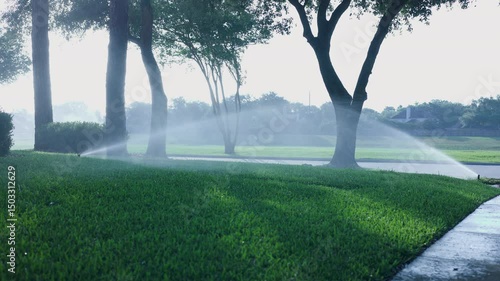 Automatic Sprinklers Watering Green Lawn in Summer