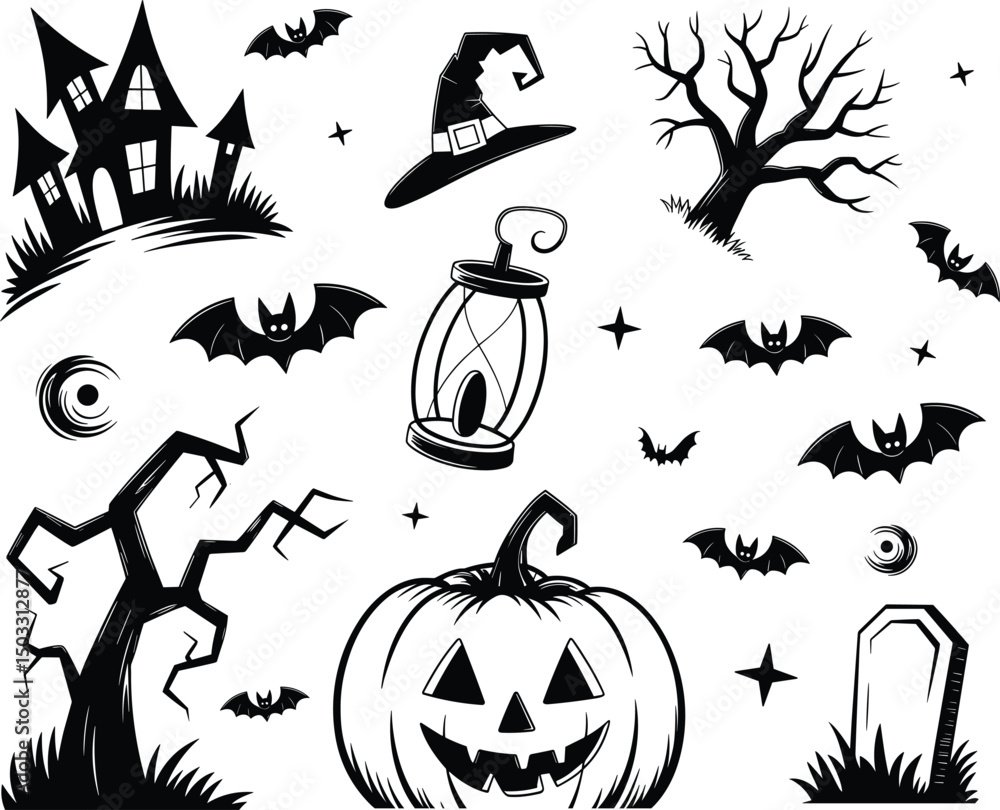 Fototapeta premium High-quality Halloween vector illustration featuring spooky and fun design elements including ghosts, jack-o'-lanterns, bats, witches, skulls, and spider webs. Perfect for seasonal design projects suc