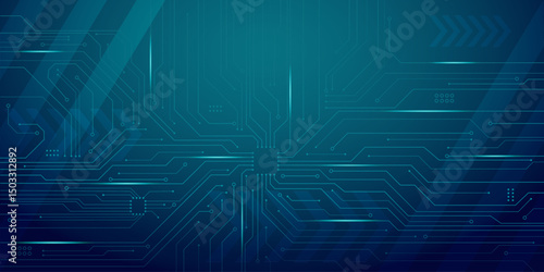Abstract blue green gradient electronic circuit board background. Vector illustration of technology pattern and digital device connections with modern neon glowing lines.