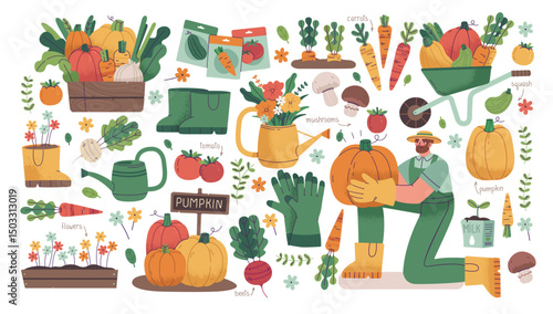 Cartoon Farming Clip Art Isolated on White Background. Farmer Holding Pumpkin. Farm Illustrations.