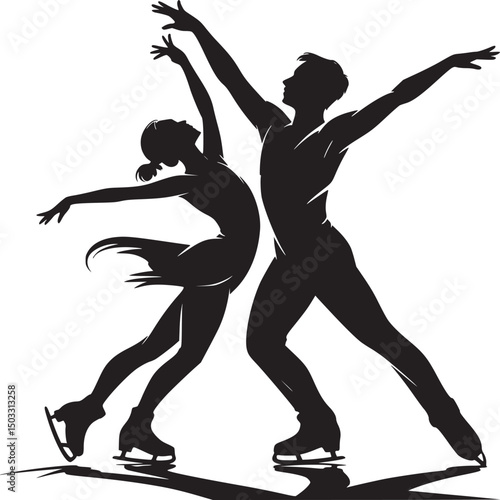 Silhouette of a pair of figure skaters performing a routine on ice with arms raised in unison pose