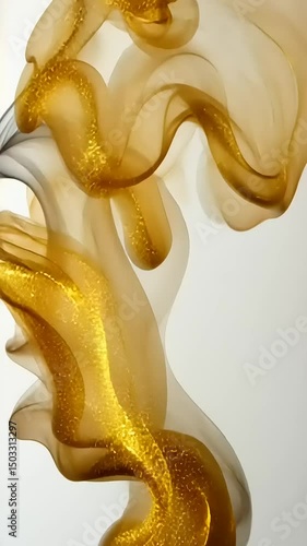 Abstract swirls of black and golden smoke gracefully intertwine against a soft white background
