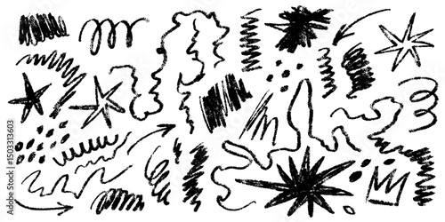 Hand drawn crayon scribble element set with sketch arrows, scribbled stars, random curves, messy swatches. Chaotic grunge marks, sketched confetti, children chalk drawing. Vector illustration.