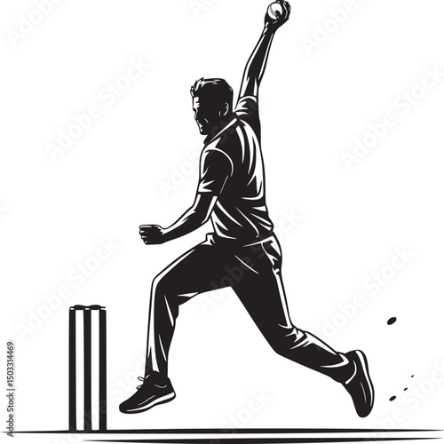 A black and white illustration of a cricket bowler in mid action with stumps and ball visible
