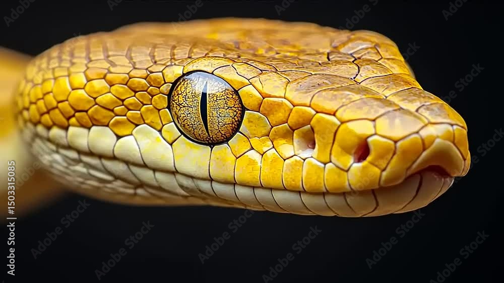 Close-up of a vibrant yellow snake showcasing intricate scales and striking eyes against a dark backdrop Close-up of a vibrant yellow snake showcasing intricate scales and striking eyes against a dark backdrop