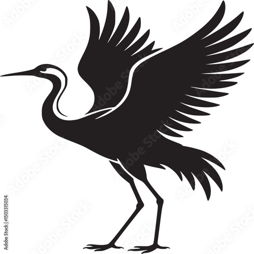 Silhouette of a crane standing with its wings partially spread against a light background art vector