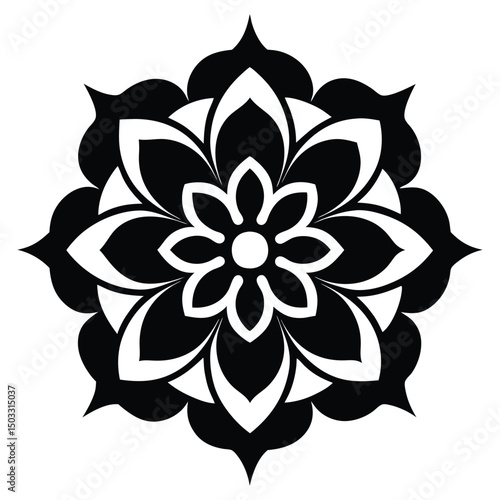 Intricate Black and White Floral Emblem – Symmetrical Decorative Flower Design