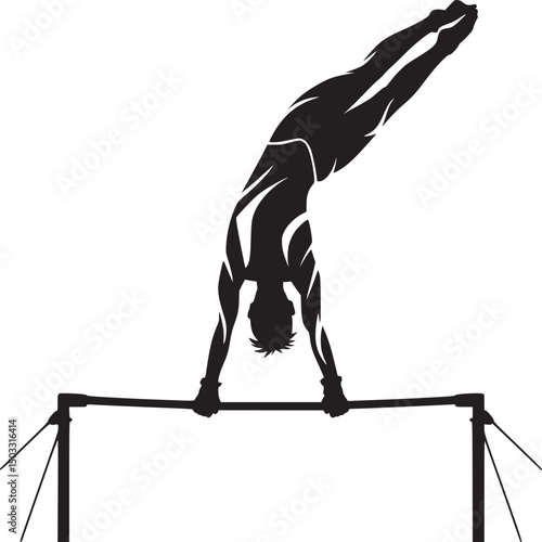 Silhouette of a gymnast performing a handstand on a high bar with a white background in a studio