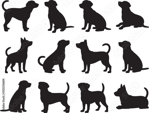 Twelve dog silhouettes various breeds poses
