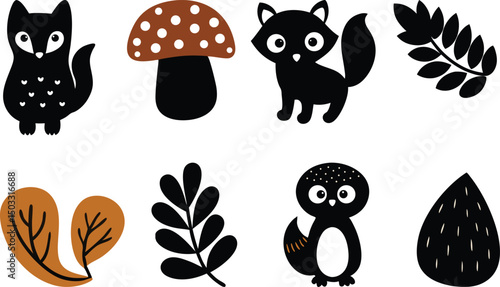 Whimsical Woodland Animals Clipart Set Illustration Silhouettes. Woodland Animal Silhouettes Clipart Set for Illustrations. Cute Woodland Creatures Clipart Set Illustration Silhouettes
