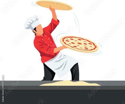 Chef tossing pizza dough in kitchen preparing Italian food vector illustration 