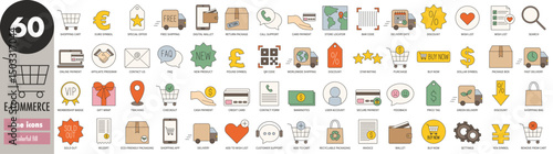 E-commerce, online shopping - thin line icons set, colorful fill. Payment method, delivery method, packaging, customer service, online shopping, discount, special offer, invoice, vector illustration