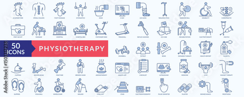 Physiotherapy icon collection set with acupuncture,foot massage, exercise ball, treadmill, infrared therapy