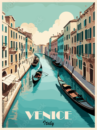Venice, Italy travel destination poster in retro style. Colorful vector vintage art illustration