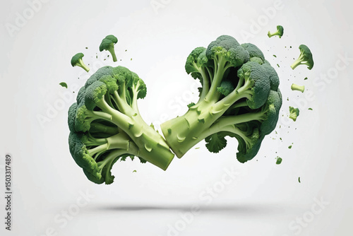 falling broccoli isolated on white background