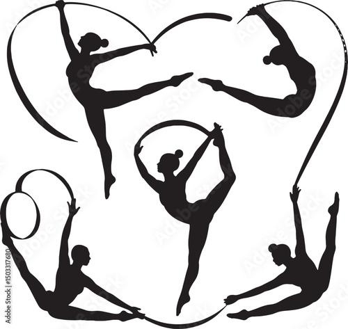 Rhythmic gymnastics silhouettes graceful athletes ribbon hoop