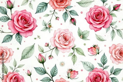Delicate watercolor roses & leaves, repeat pattern , summer, floral, leaves