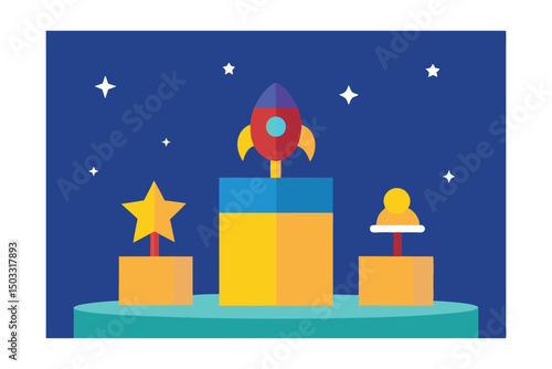 galaxy kids podium with toy rocket and stars