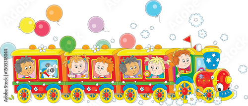 Cartoonish toy train with happy little children and colorful holiday balloons flying around, vector cartoon illustration on a white background