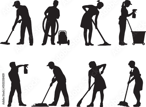 Cleaning service workers diverse tasks silhouettes