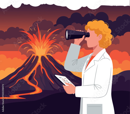Volcanologist observing erupting volcano with binoculars and notes in volcanic eruption scene 
