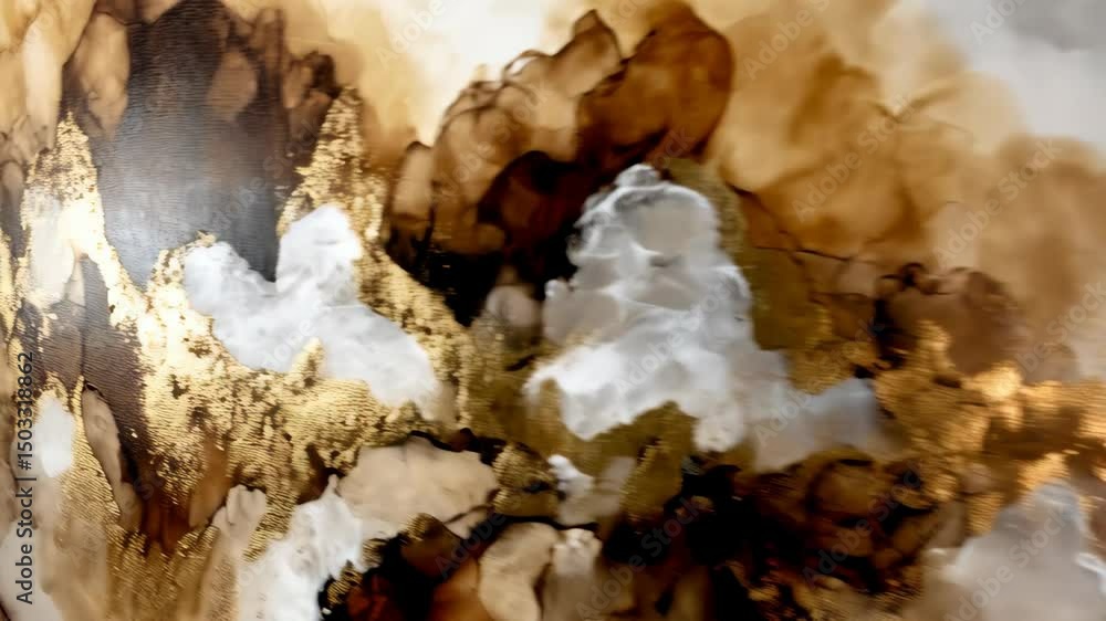 Abstract art with liquid ink blending, white, gold, and brown swirls and textured streaks Abstract art with liquid ink blending, white, gold, and brown swirls and textured streaks