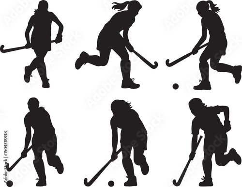 Six silhouettes of female field hockey players